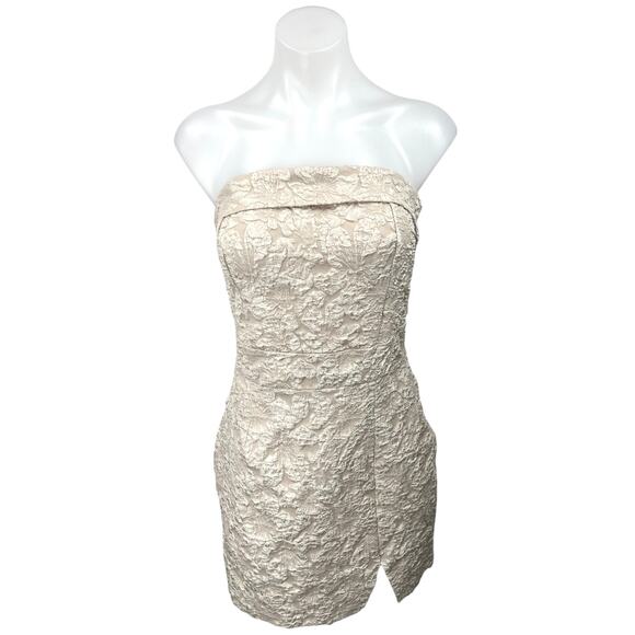 Shein Beige Floral Textured Strapless Cutout Smocked Mini Formal Tube Dress M - Picture 1 of 5
